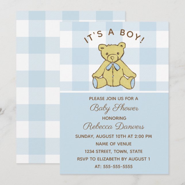 Boy Bear Blue Baby Shower Invitation (Front/Back)