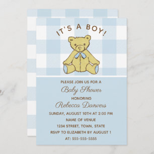 Boy Bear Blue Baby Shower Invitation