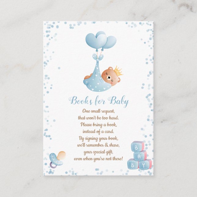 Boy Bear Blue Books for Baby Shower Enclosure Card (Front)