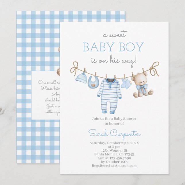 Boy Bear Clothesline Baby Shower invitation (Front/Back)