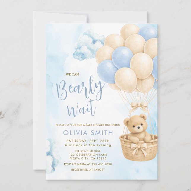 BOY Bear Cloud Balloon Baby Shower Invite (Front)