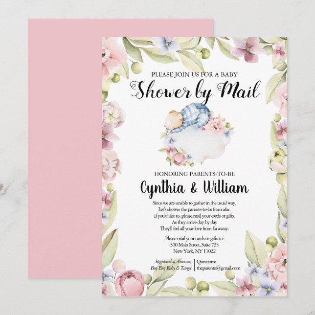 Boy Bear Elegant Floral Greenery Shower by Mail Invitation (Front/Back)