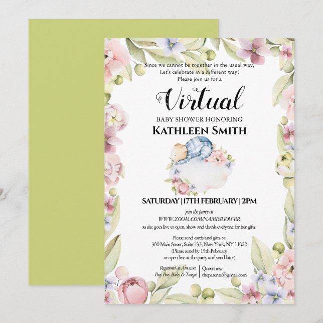 Boy Bear Elegant Floral Greenery Virtual Shower Invitation (Front/Back)