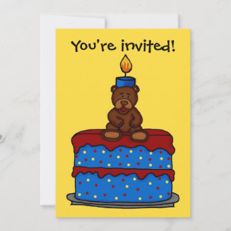boy bear on cake birthday party invitation