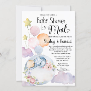 Boy Bear Pink Floral Balloons Baby Shower by Mail Invitation