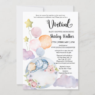 Boy Bear Pink Floral Balloons Virtual Baby Shower Invitation