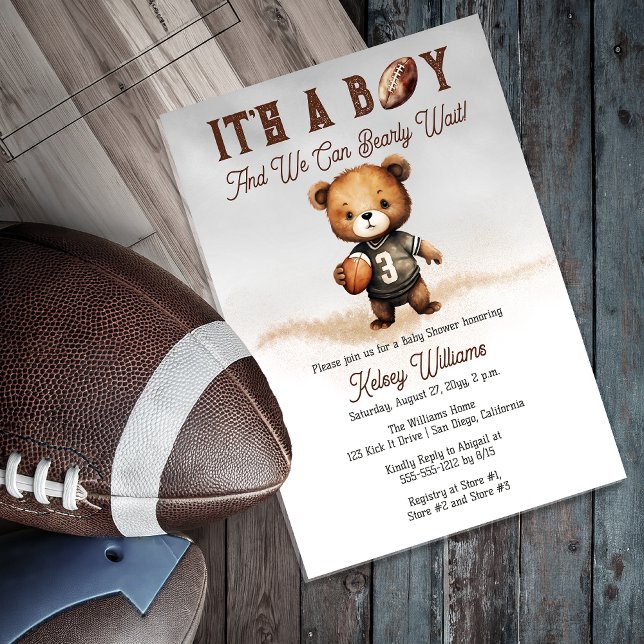 Boy Bearly Wait American Football Baby Shower Acrylic Invitations ("It's A Boy And We Can Bearly Wait!" Teddy Bear Football Theme Boy Baby Shower Acrylic Invitation)