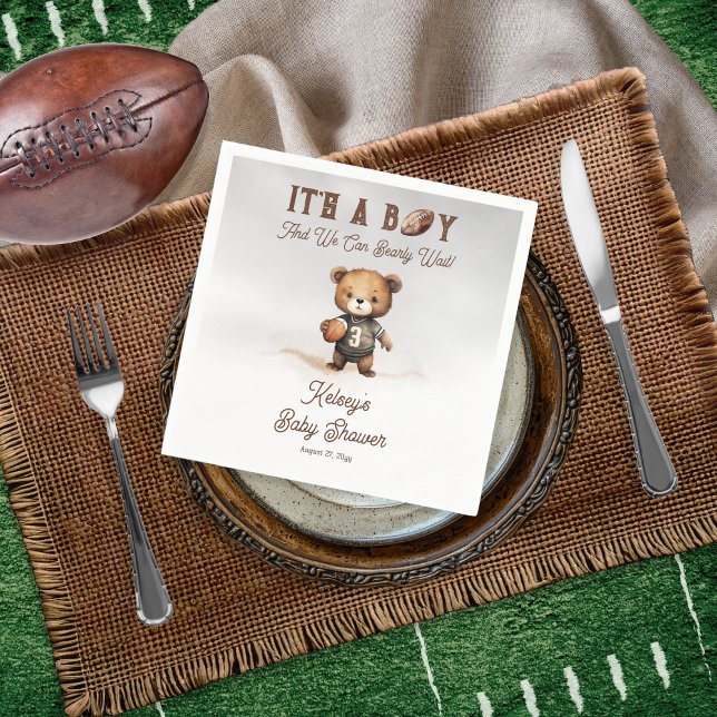 Boy Bearly Wait American Football Baby Shower  Napkin (Teddy Bear Boy American Football Baby Shower Paper Napkin - Bearly Wait Collection)