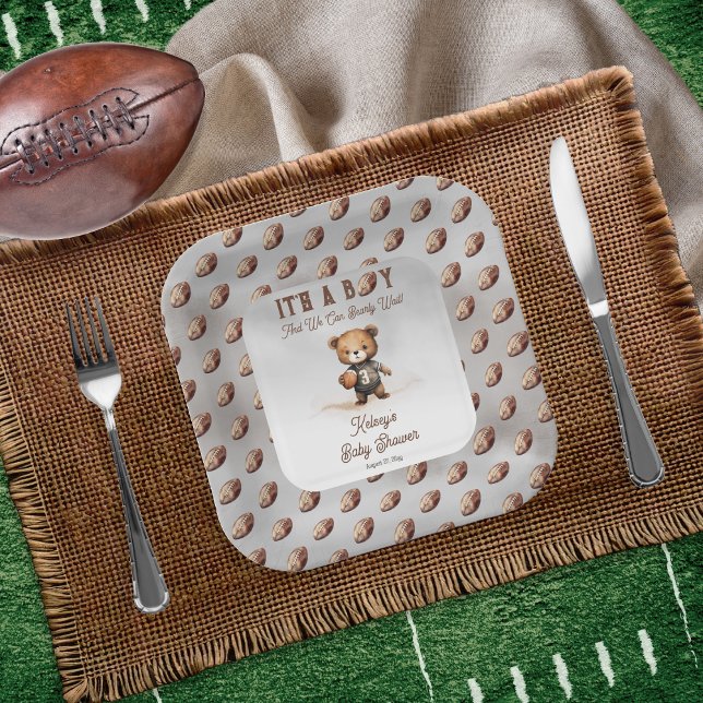 Boy Bearly Wait American Football Baby Shower  Paper Plate (Teddy Bear Boy American Football Baby Shower Square Paper Plate - Bearly Wait Collection)