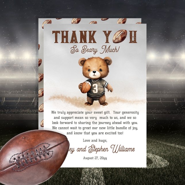 Boy Bearly Wait American Football Baby Shower Thank You Card (Teddy Bear Boy American Football Baby Shower "Thank You Beary Much!" Flat Thank You Card Bearly Wait)