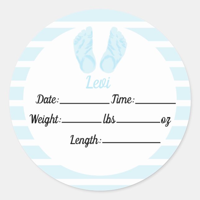 Boy Birth Announcement, Blue Baby Shower Classic Round Sticker (Front)