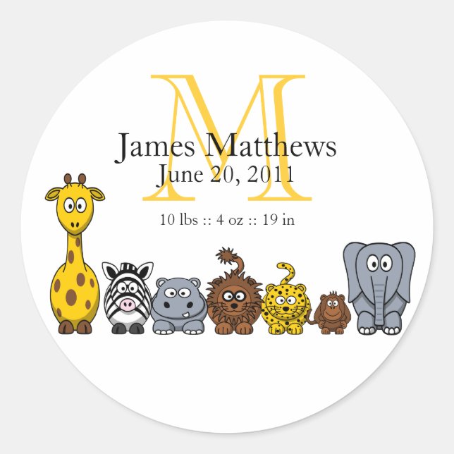 Boy Birth Announcement Sticker Jungle Animals (Front)