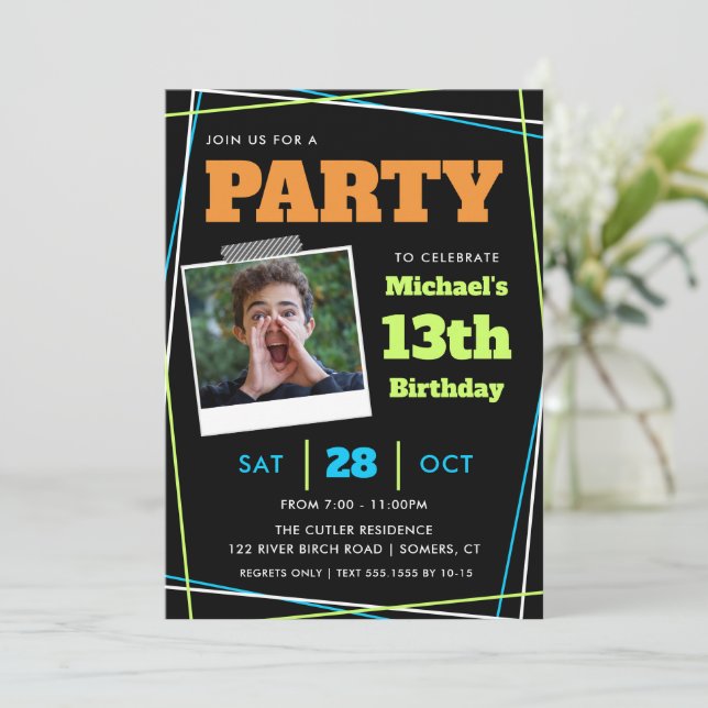 Boy Birthday 13/Any Age, Blue Green Orange Photo Invitation (Standing Front)