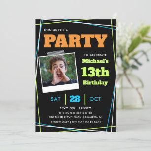 Boy Birthday 13/Any Age, Blue Green Orange Photo Invitation