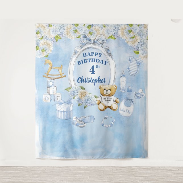 Boy Birthday Blue Flowers Teddy Bear Backdrop Tapestry (Front)