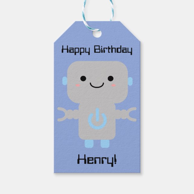 Boy Birthday Cute Cartoon Robot Blue Gift Tags (Front)