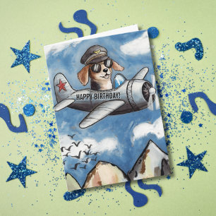 Boy Birthday Dog Airplane Clouds Mountains Funny Card