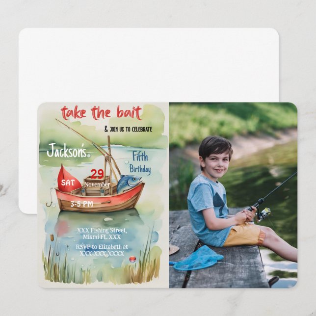 Boy Birthday Fishing Photo Invitation (Front/Back)