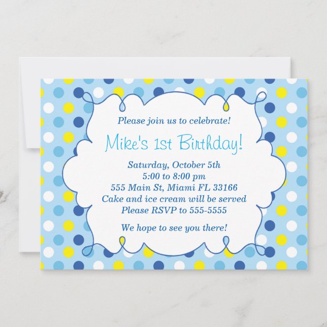 Boy Birthday Invitation Blue Yellow Polka Dots (Front)