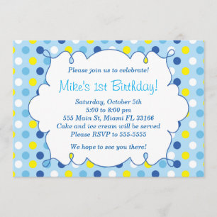 Boy Birthday Invitation Blue Yellow Polka Dots