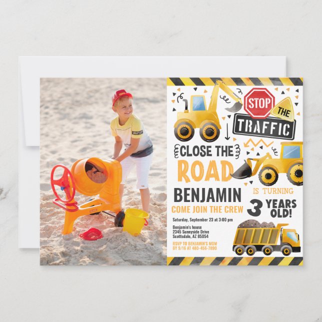 Boy Birthday Party Construction Photo Invitation (Front)