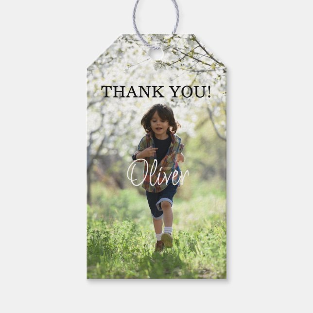 Boy birthday photo thank you favour tag (Front)