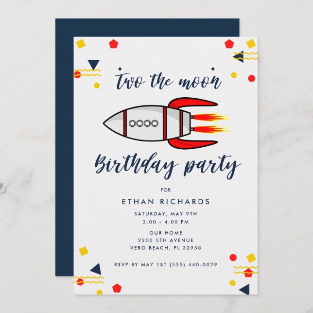 Boy Birthday Two the Moon Rocket Space Theme Party Invitation (Front/Back)