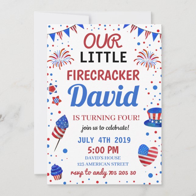 Boy Birthday USA American Firecracker 4th July Invitation (Front)