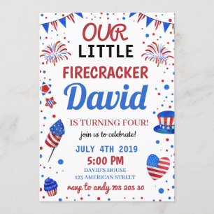 Boy Birthday USA American Firecracker 4th July Invitation
