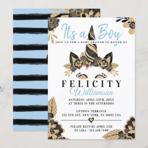 Boy Black Blue Gold Unicorn Baby Shower Invitation