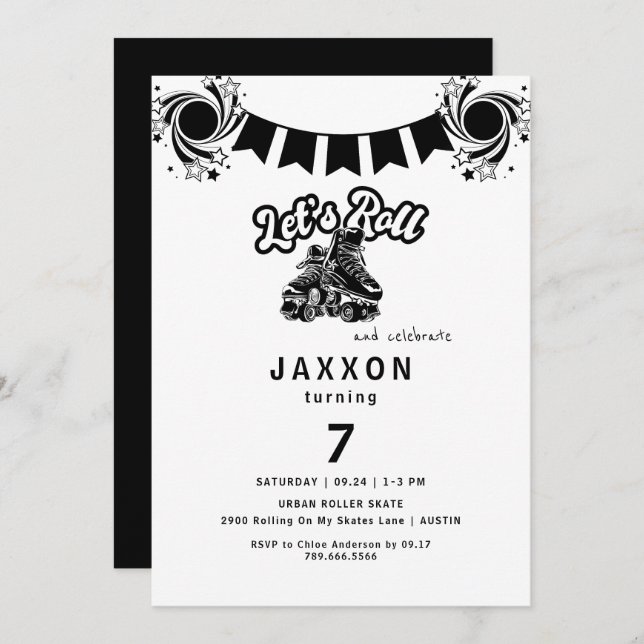 Boy Black Roller Skating Birthday Party Invitation (Front/Back)