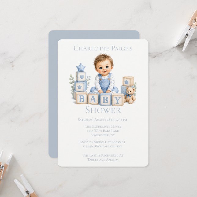 Boy Blocks Baby Shower Invitation (Front/Back In Situ)