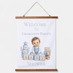 Boy Blocks Baby Shower Welcome Sign Hanging Tapestry