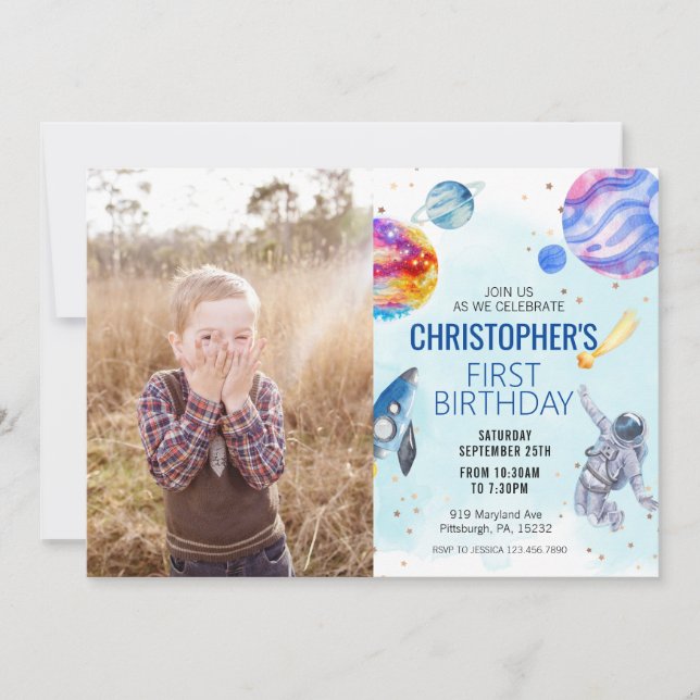 Boy blue Astronaut Space birthday party Invitation (Front)