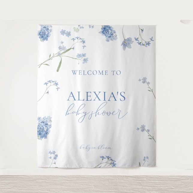 Boy Blue Baby in Bloom Baby Shower Welcome Sign Tapestry (Front)