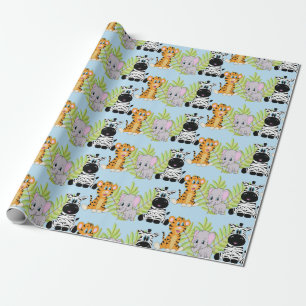 Boy Blue Baby Shower Cute Safari Jungle Animals Wrapping Paper