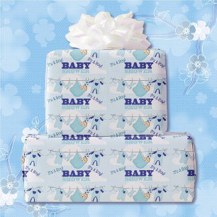 Boy Blue Baby Shower Personalise Name Text Wrapping Paper