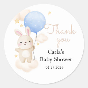 Boy Blue Balloon Cute Bunny Baby Shower Classic Round Sticker