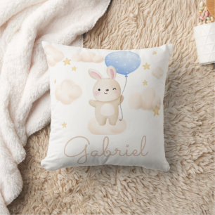 Boy Blue Balloon Cute Bunny Baby Shower Name Cushion