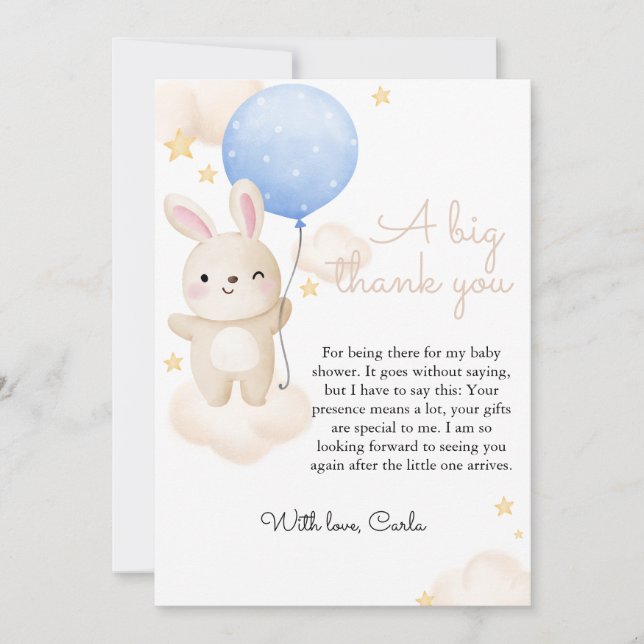 Boy Blue Balloon Cute Bunny Baby Shower Thank You Card (Front)