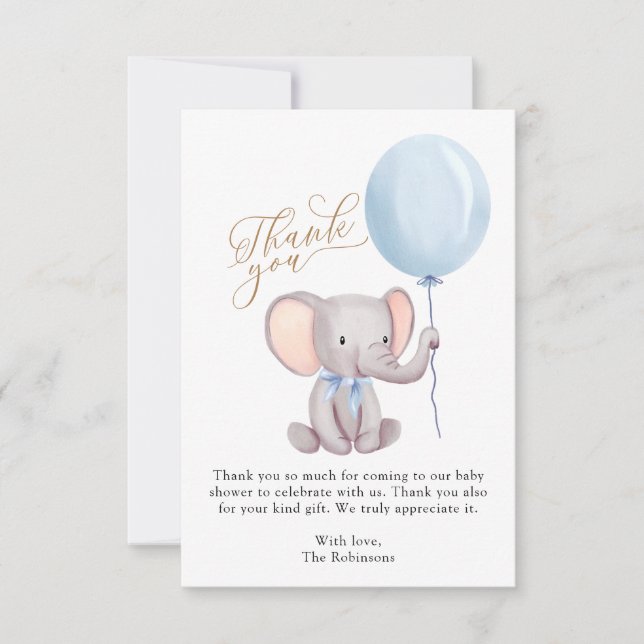 Boy Blue Balloon Cute Elephant Baby Shower Thank You Card (Front)