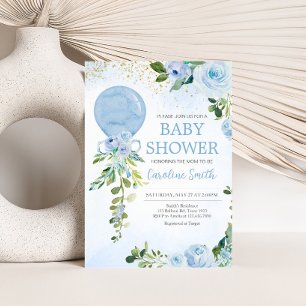 Boy Blue Balloon Greenery Baby Shower Invitation