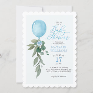 Boy Blue Balloon Greenery Baby Shower Invitation