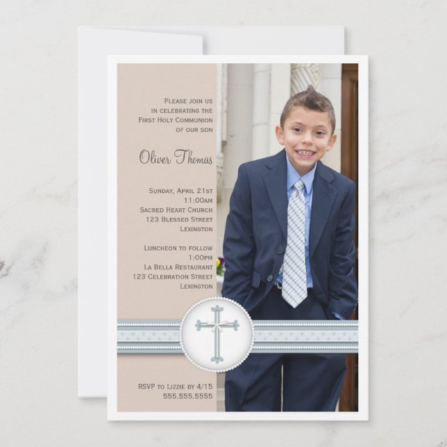 Boy Blue | Beige Photo Communion Invitation (Front)