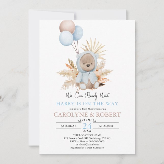 Boy Blue Boho Teddy Bear Bearly Wait Baby Shower Invitation (Front)