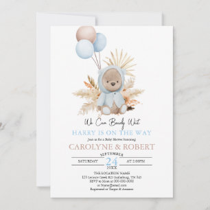 Boy Blue Boho Teddy Bear Bearly Wait Baby Shower Invitation