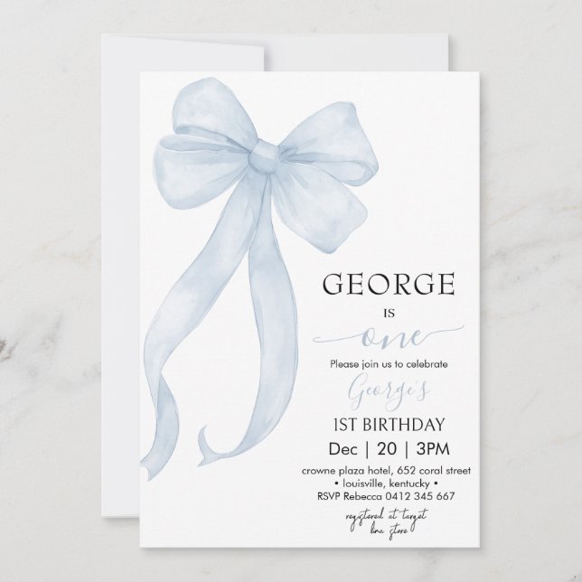 Boy blue bow birthday Invitation (Front)