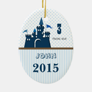 Boy Blue & Brown Castle Dot Stripes Photo on Back Ceramic Tree Decoration