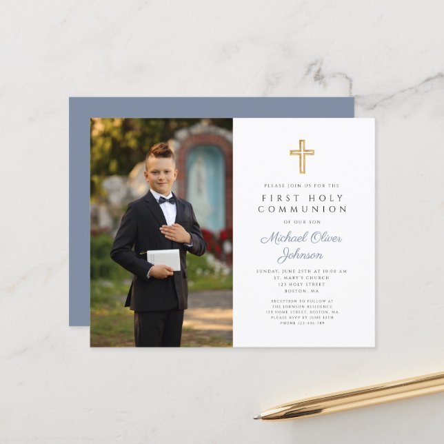 Boy Blue Budget Cross Photo First Communion  (Front/Back In Situ)