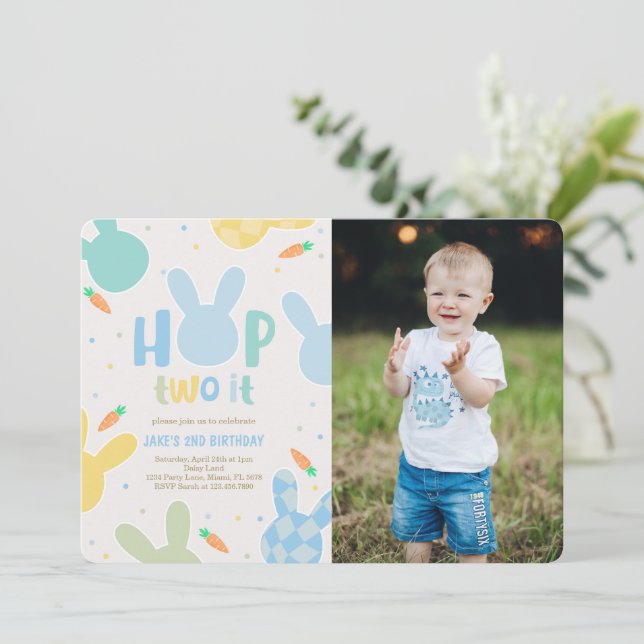 Boy Blue Bunny 2nd Birthday Photo Invitation (Standing Front)